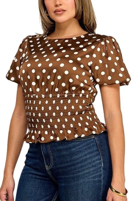 Polkadot Printed Short Sleeve Smocked Top
