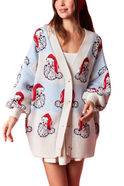 Santa Claus Checker Oversized V-neck Knit Cardigan