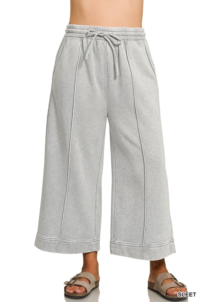 Plus Acid Washed Fleece Pintuck Wide Leg Cropped Pants