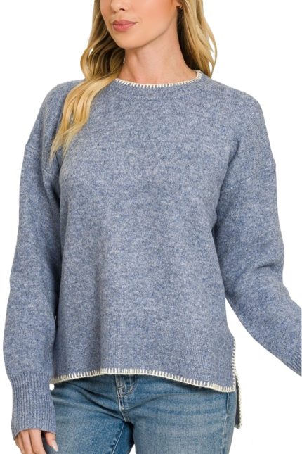 Wool Blend Stitch Detailed Hi-low Sweater