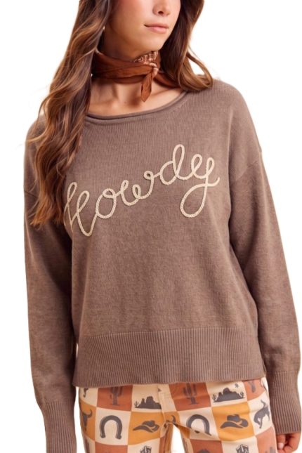 Howdy Lettering Boat Neck Sweater