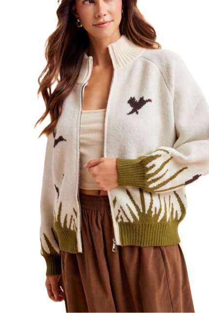 Mallard Duck Jacquard Chunky Sweater Zip-up Jacket