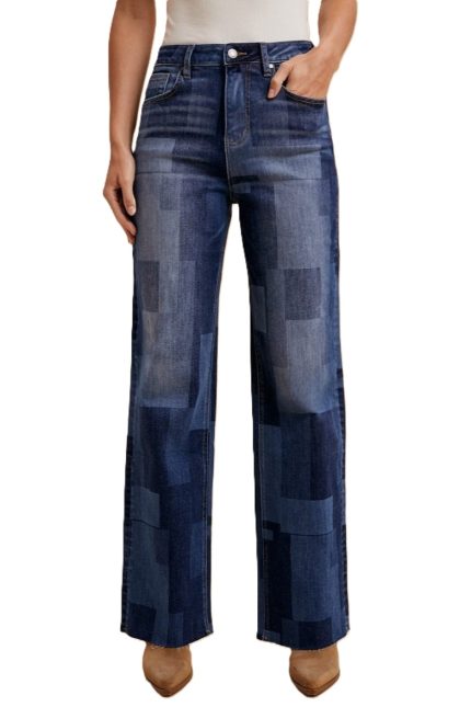 Patchwork Laser Print Straight Leg Denim Pants