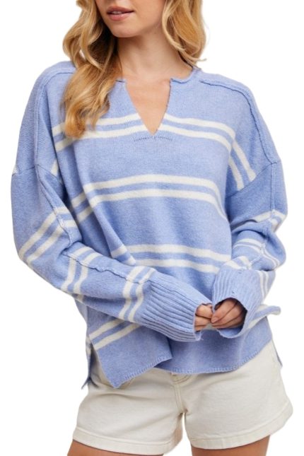 Notch-neck Striped Knit Sweater