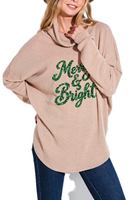 Merry And Bright Christmas Glitter Cowl Neck Knit Top