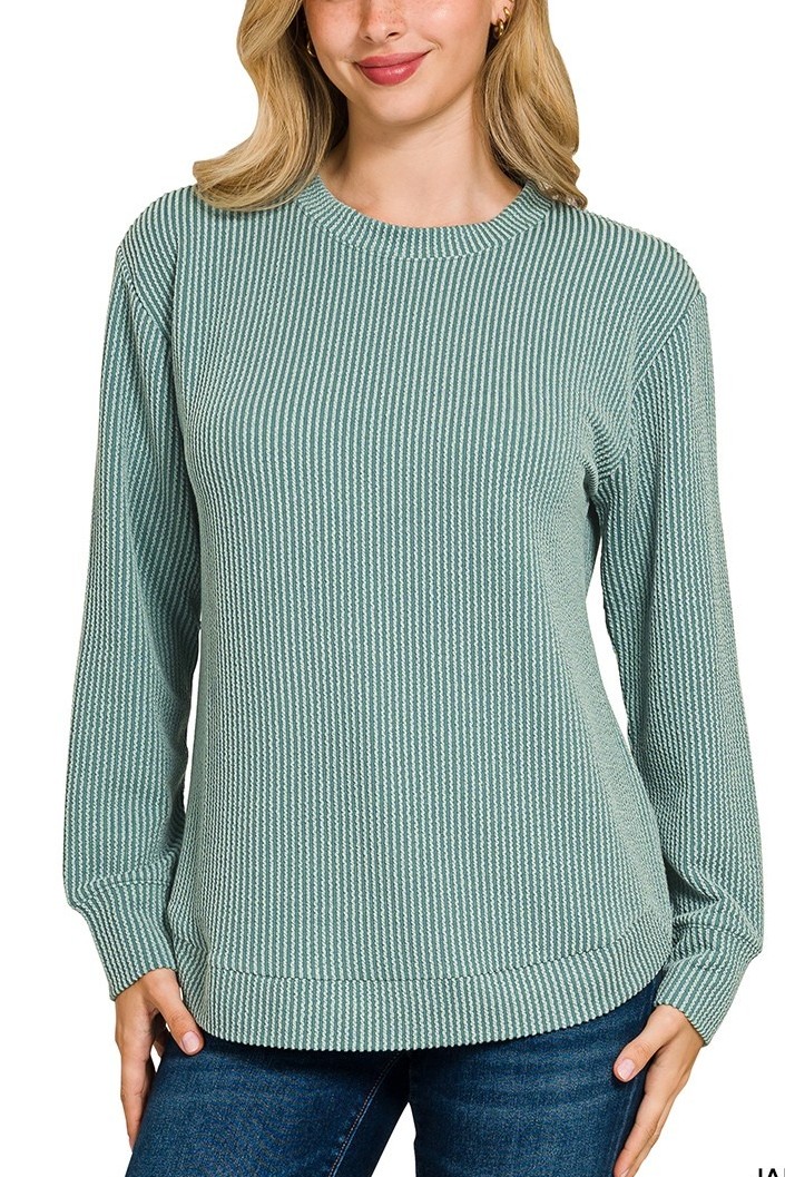 Raised Rib Round Neck Long Sleeve Top