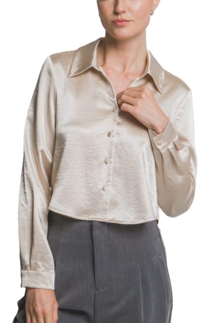 Cropped Satin Button- Up Shirt
