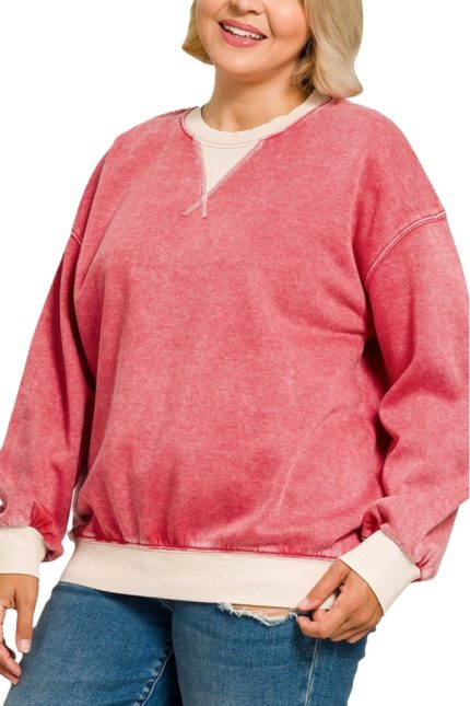 Plus Fleece Acid Washed Crew Neck Long Sleeve Sweatshirt