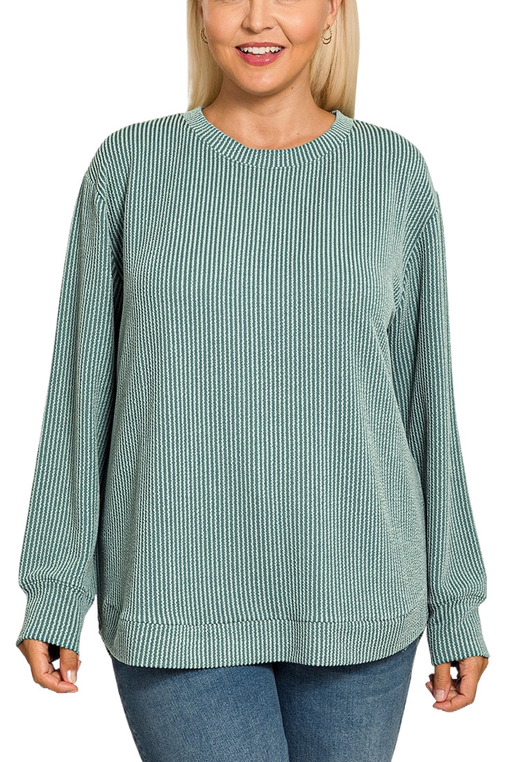Plus Raised Rib Round Neck Long Sleeve Top