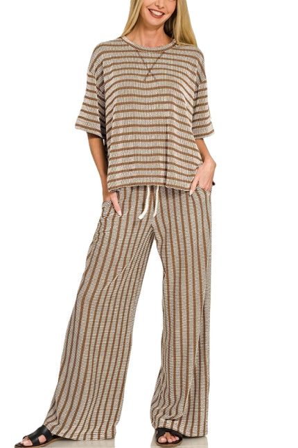 Raised Rib Stripe Short Sleeve Top And Pants Set