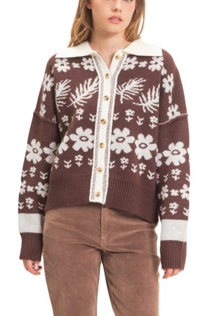Floral Jacquard Collared Cardigan