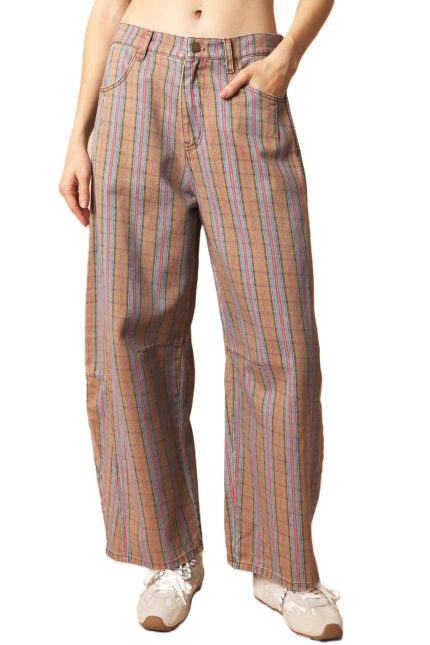 Plaid Printed Washed Barrel Pants