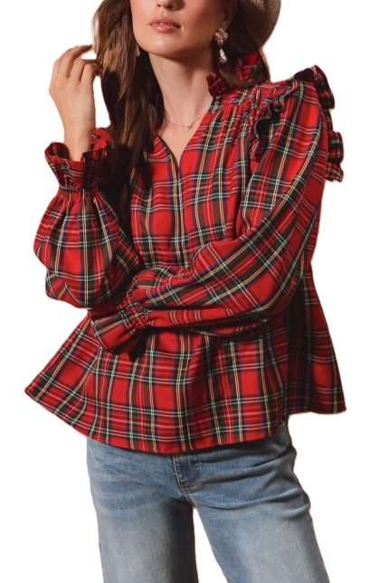 Checkered Plaid Smocked Blouse Top