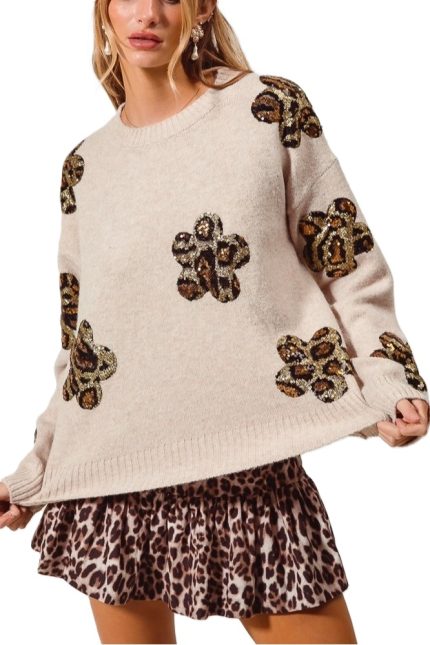 Leopard Sequins Daisy Flower Patch Swewater Top