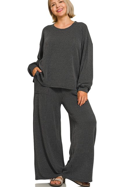 Plus Raised Rib Round Neck Pullover And Pants Set