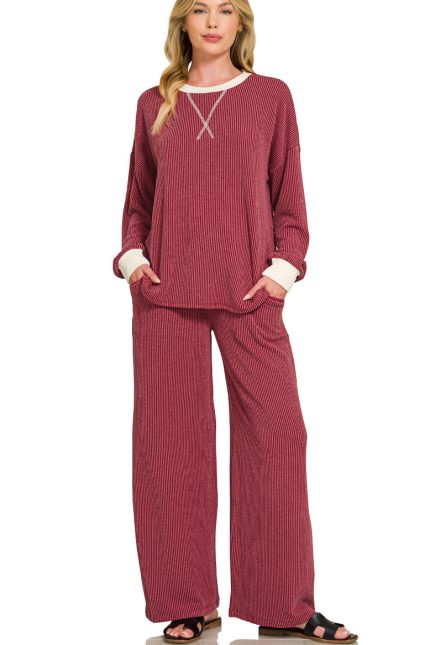 Raised Rib Round Neck Pullover And Pants Set