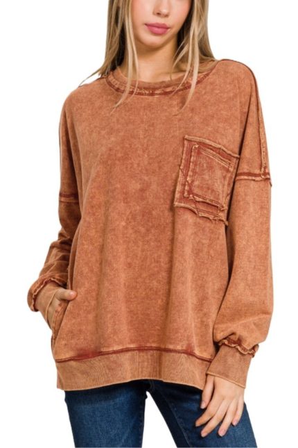 F/terry Acid Wash Raw Edge Front Pocket Pullover