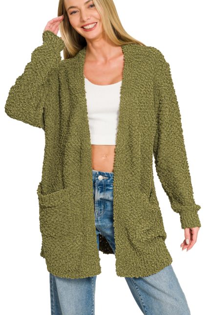Long Sleeve Popcorn Sweater Cardigan With Pockets