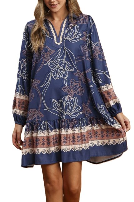 Embroidered Floral Print Ruffle Hem Mini Dress