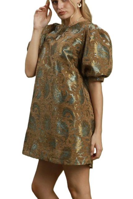 Metallic Floral Jacquard Puff Sleeve Shift Dress