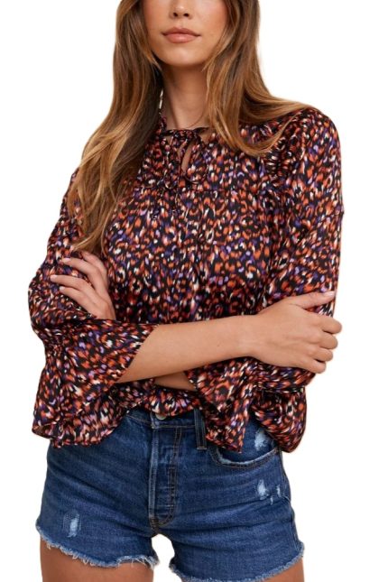 Multicolor V Neck Frill And Riffle Detail Blouse