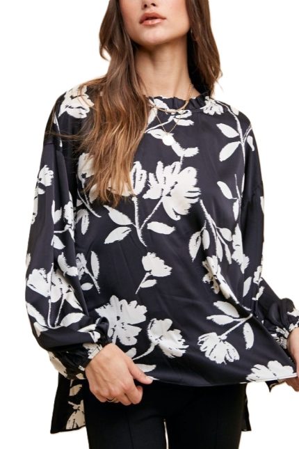 Floral Printed Half High Neck Frill Blouse Top