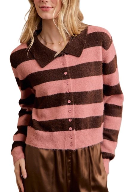 Striped Button Down Collar Knitted Cardigan