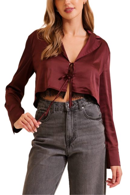 Satin Tie-front Cropped Blazer Top