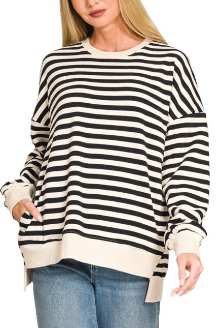 Premium Yarn Dyed Stripe Fleece Hi-low Sweatshirts