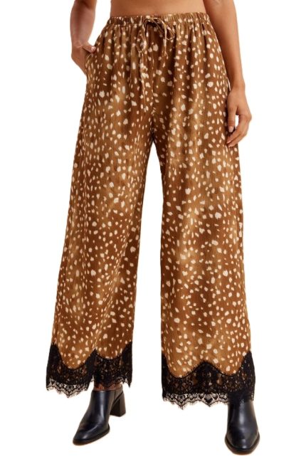Deer Printed Plisse Wide Pull On Pants