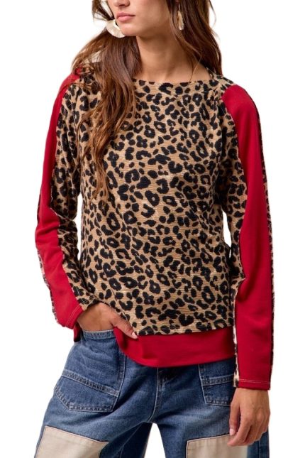 Leopard Thermal Knit With Contrast Boat Neck Top