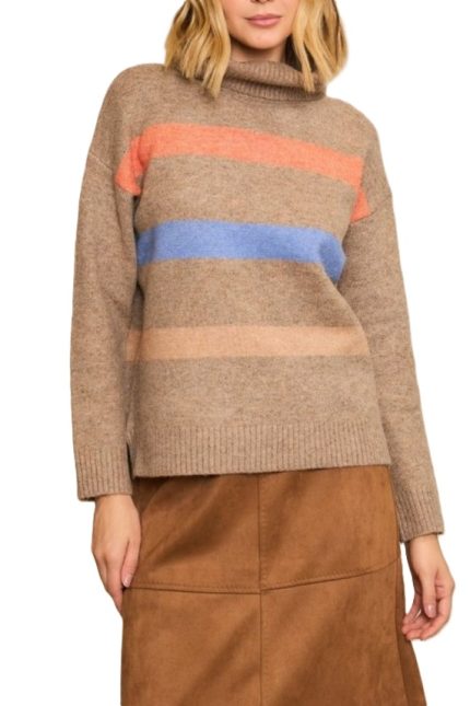 Color Block Stripe Turtleneck Knit Pullover