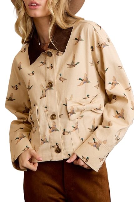 Cotton Twill Mallard Duck Print Corduroy Collar Jacket