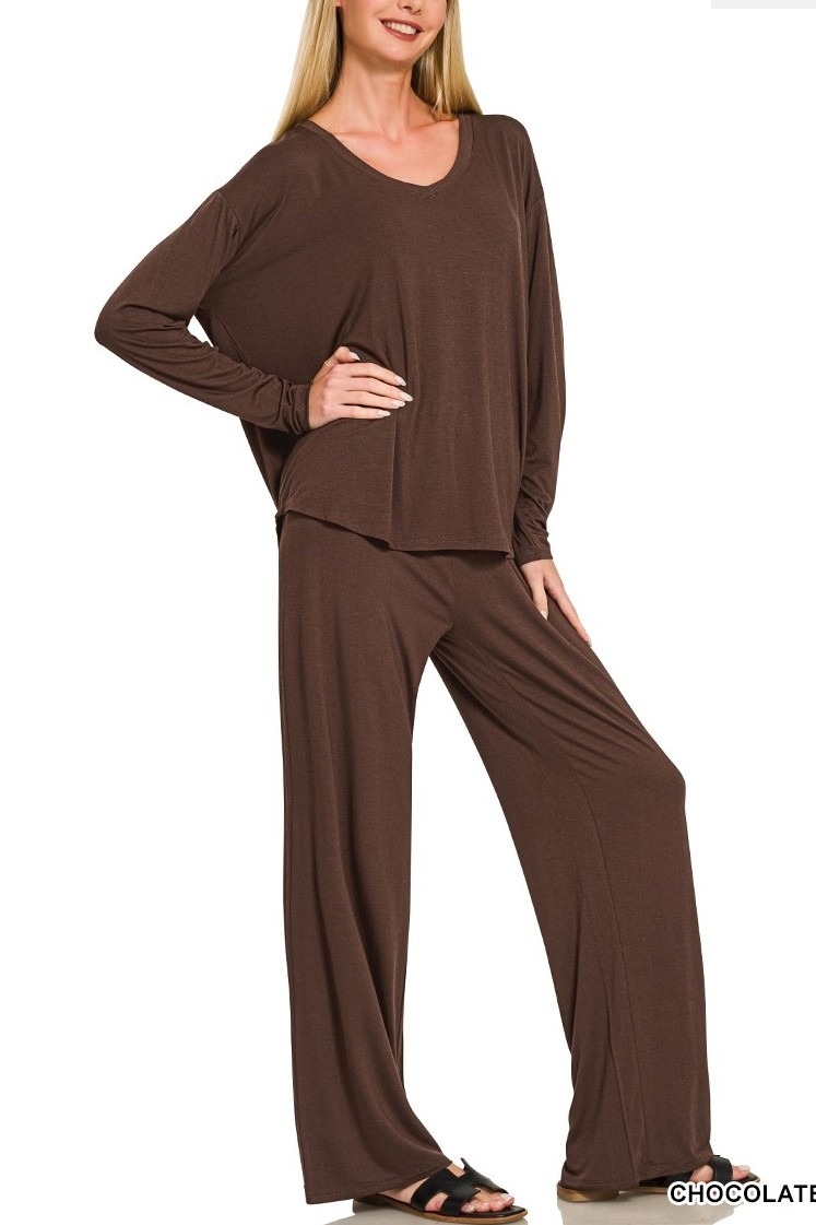 Plus V-neck Oversized Long Sleeve Top And Pants Set