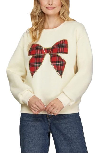 Long Sleeve Christmas Plaid Bow Knit Top