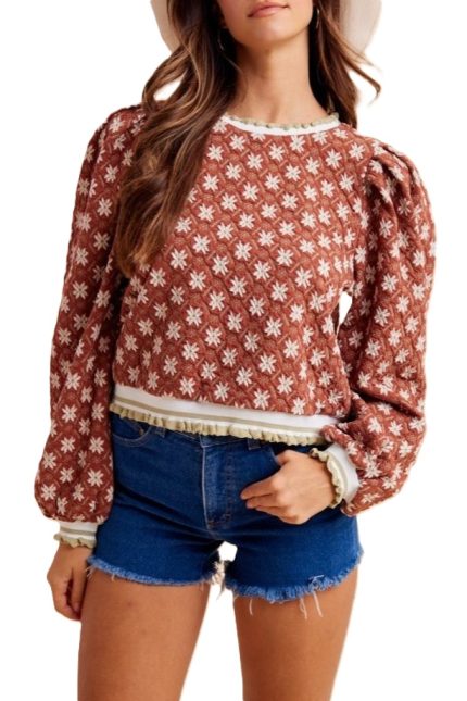 Flower Jacquard Puff Sleeve Knit Top