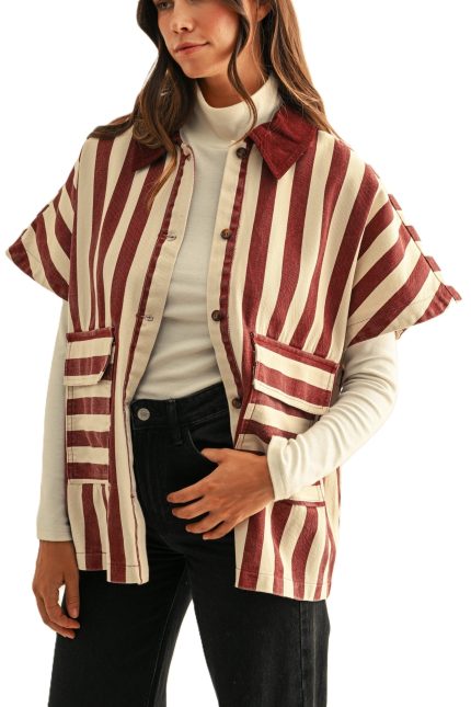 Corduroy Collar Stripe Denim Poncho Jacket