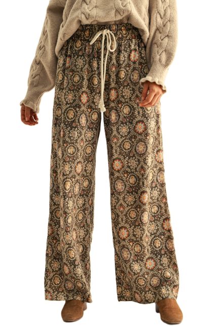 Vintage Print Linen Blend Drawstring Wide-leg Pants