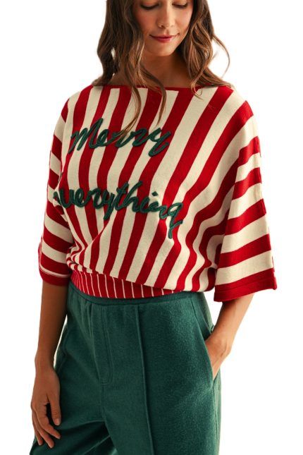 Christmas Lettering Striped Dolman Sleeve Sweater