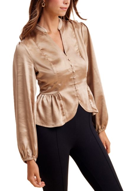 Satin Slit Front Peplum Blouse