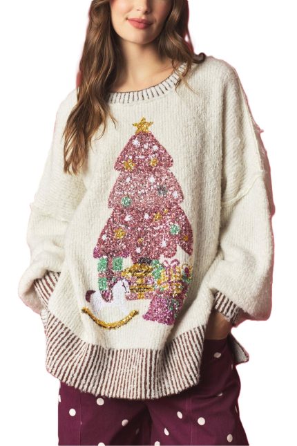 Christmas Tree Sequins Embroidery 2 Tone Rib Sweater