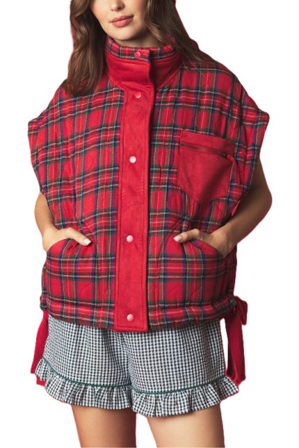 Quilted Plaid Oversized Vest Fleece Jacket