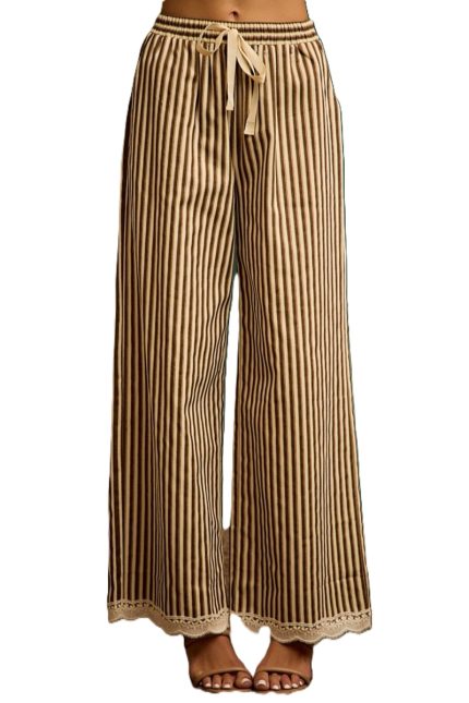 Twiill Stripe Banding Waist Lace Trim Hem Pants
