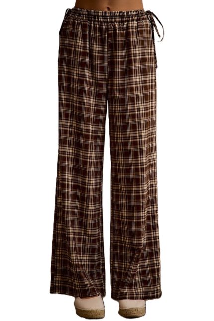 Plaid Check Straight Wide Leg Pants With Waist Tie Ribbon