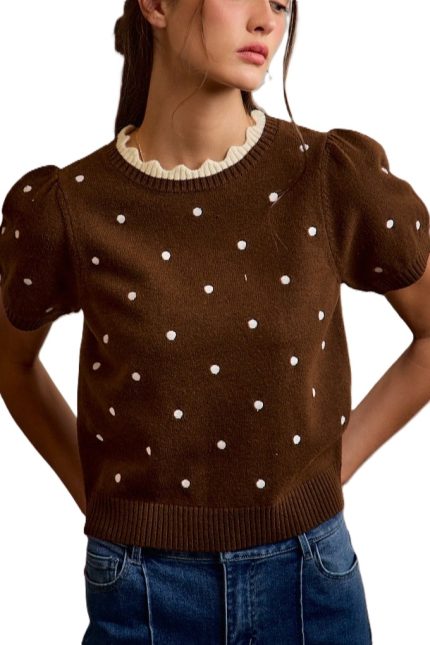 Polka Dot Scallop Neck Edge Puff Short Sleeves Knit Top