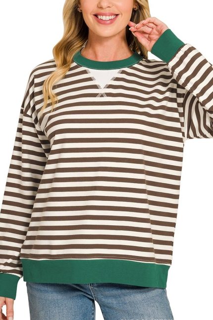 Striped Rib Banded Long Sleeve Pullover