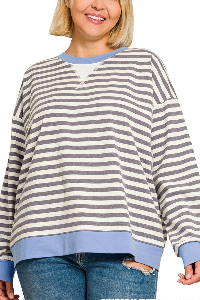 Plus Striped Rib Banded Long Sleeve Pullover