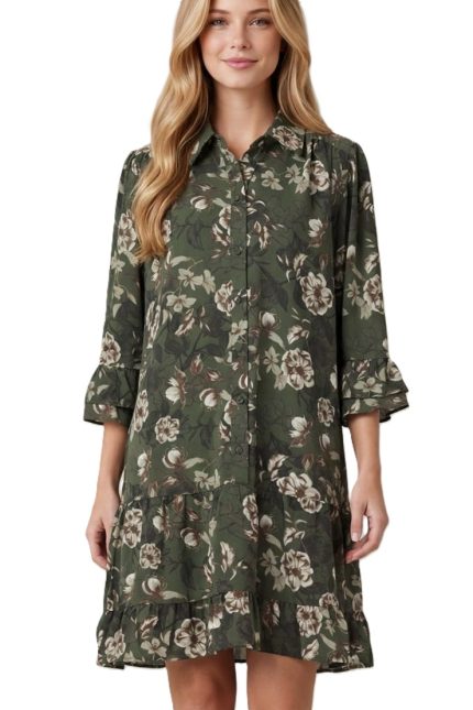 Botton Down Ruffle Hem Floral Print Woven Mini Dress