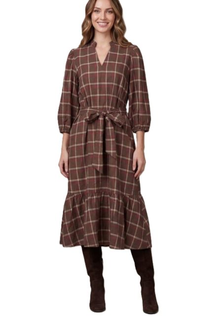 3/4 Sleeve Woven Plaid Midi Dress