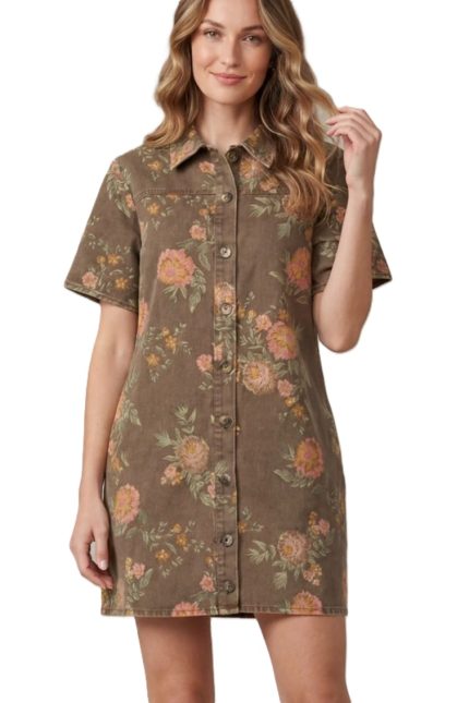 Floral Print Denim Collared Button Down Dress